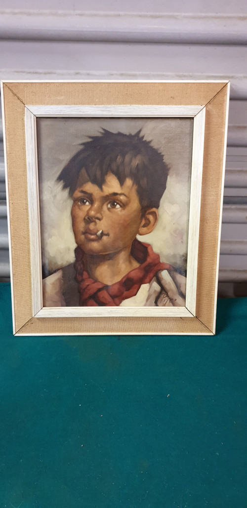 schilderij jongen , in jute met houten lijst