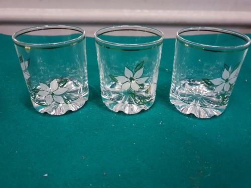 Whisky glazen, vintage, met bloemen opdruk, 3 stuks