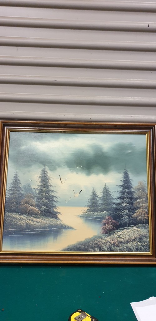 Schilderij, oliedoek, landschap met water, vogels, en bomen 