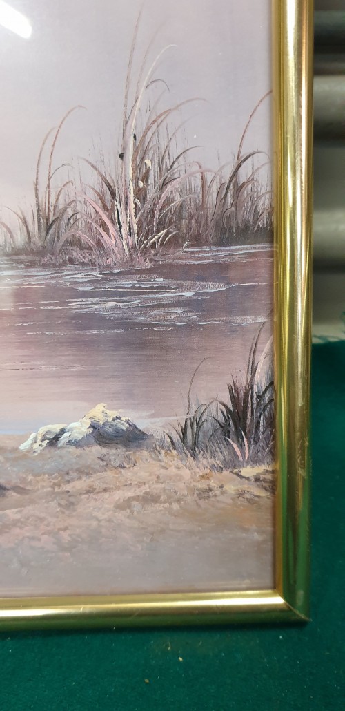 Schilderij / prent van waterlandschap met meeuwen in goudkle