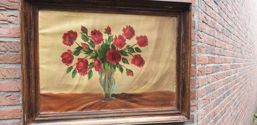 Schilderij oliedoek, stilleven met rozen, gesigneerd H. Hurm