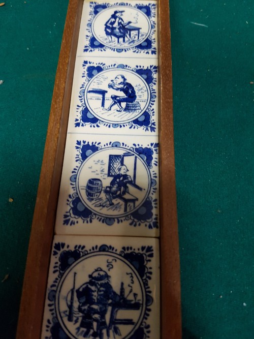 Wandtegeltjes, Delfts Blauw, 6 stuks in houten lijst