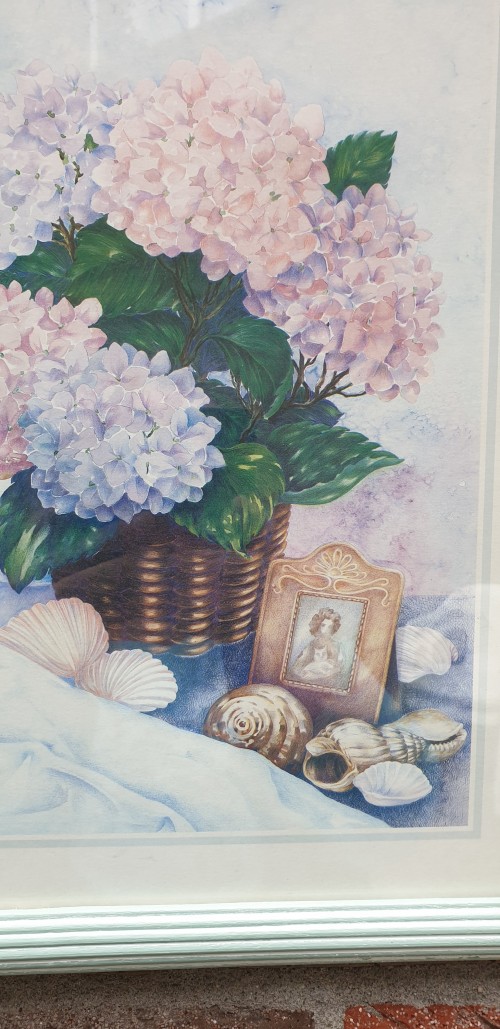 Schilderij / prent met afbeelding van bloemen en schelpen in