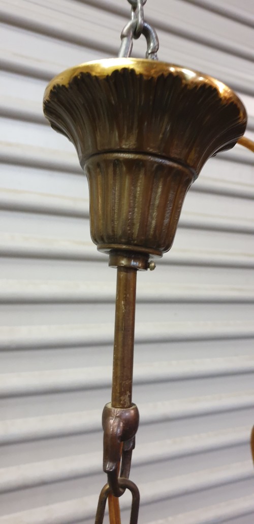Hanglamp messing, vintage, zwaar met drie lampen met kapjes