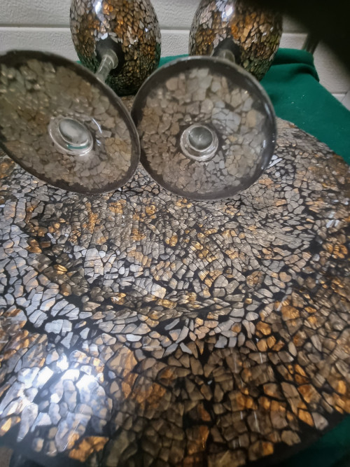 Schaal en windlichten glas mozaïek twee stuks