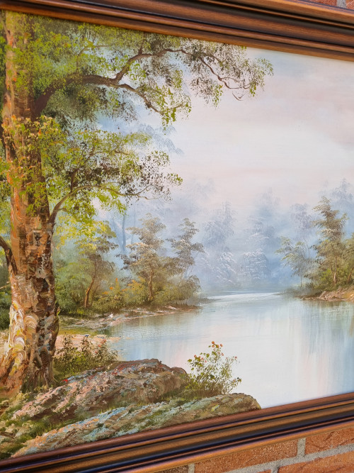 Schilderij Cafieri irene  bos en water groot in eiken lijst