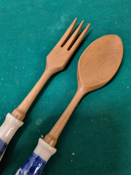 Slabestek Lepel en vork hout met keramiek handgreep