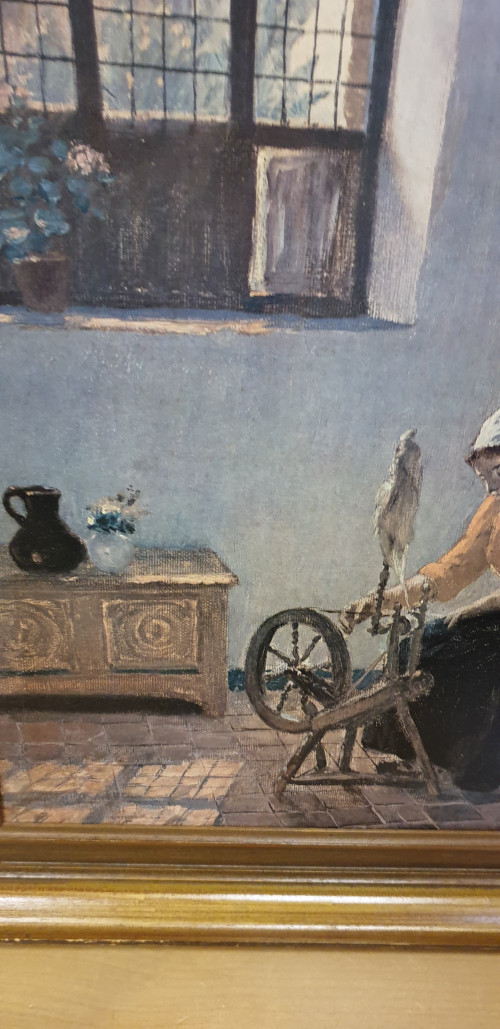 schilderij prent spinnerin,  hugo krings 1878- 1924