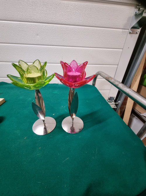 Waxcinelichthouders bloem metaal en glas