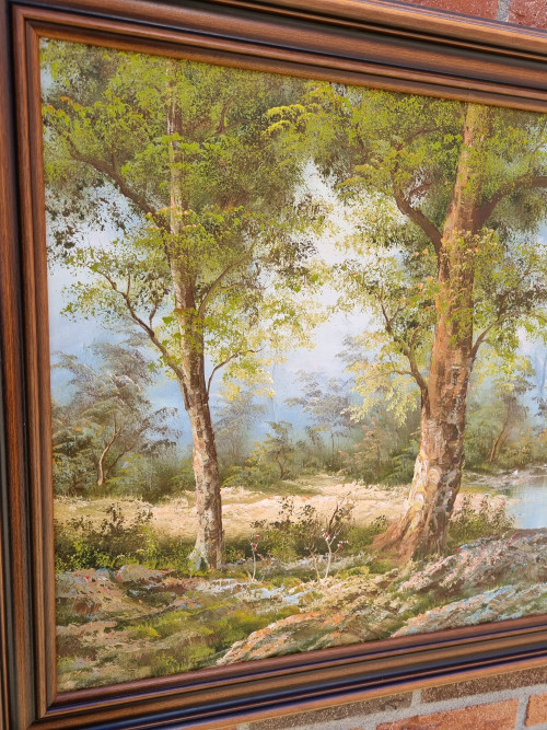 Schilderij Cafieri irene  bos en water groot in eiken lijst