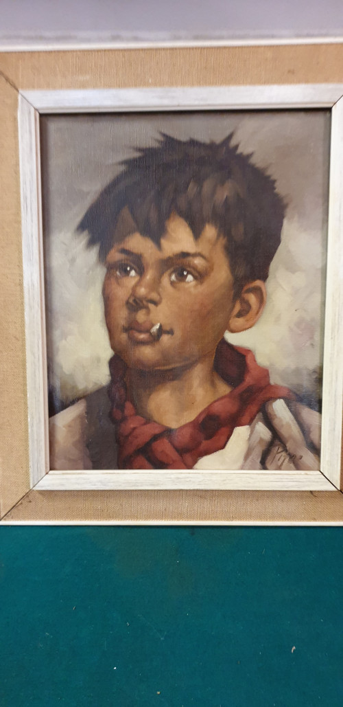 schilderij jongen , in jute met houten lijst