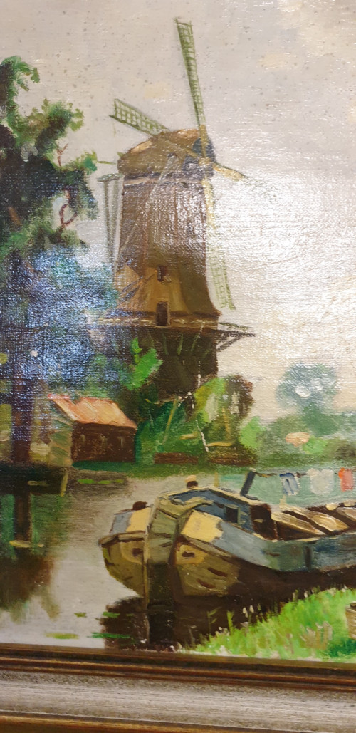 schilderij boot en molen