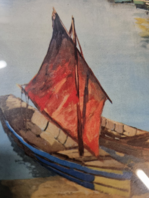 schilderij prent arno lemke boten bergen vintage