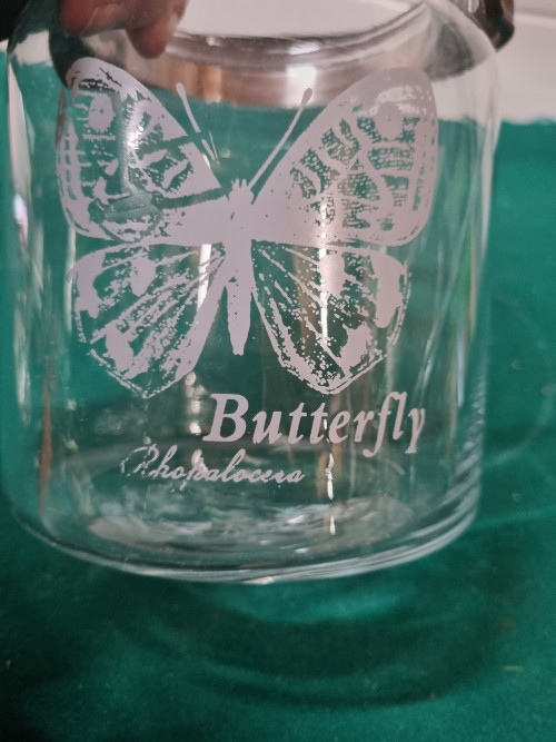 Deco glas pot met vlinder en leren hengsel