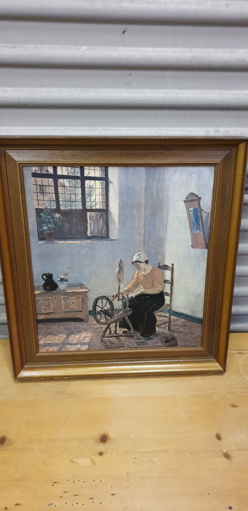 schilderij prent spinnerin,  hugo krings 1878- 1924