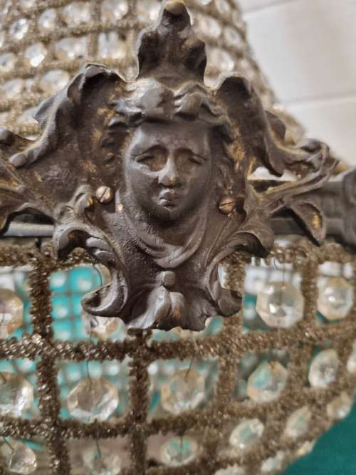 Kroonluchter brons met kristal 1960 engelen
