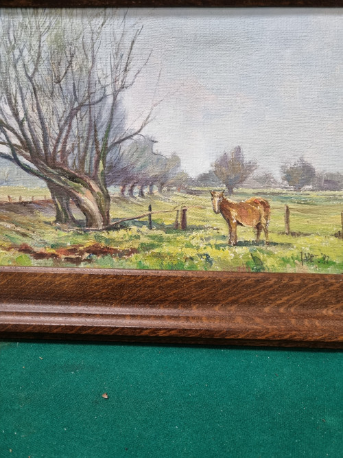 Schilderij landschap met paard gesigneerd