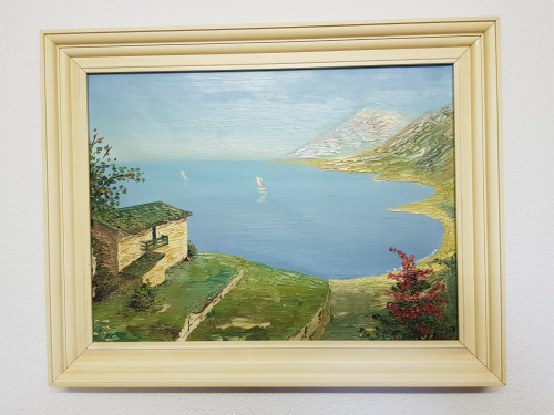 schilderij , uitzicht op zee vintage jaren 60- 70